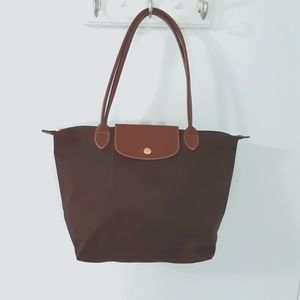 Longchamp Le Pliage Dark Brown Embossed Croc Long Handle Medium Tote